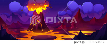 Volcanic lava erupt landscape. Prehistoric volcano Volcanic lava erupt landscape. Prehistoric volcano 119054437