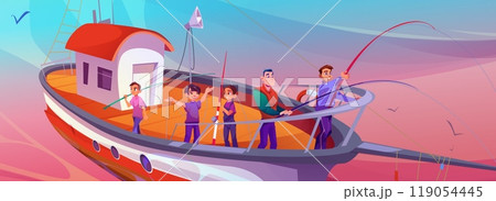 Fish boat in ocean with pink water illustration 119054445