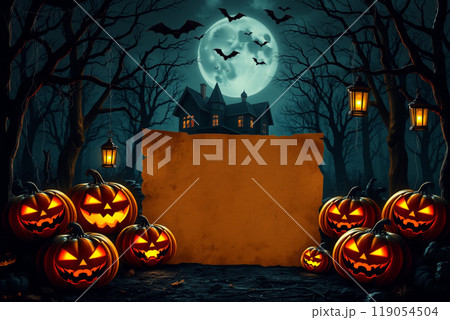 ジャックオーランタンと古い羊皮紙のハロウィンシーン 119054504