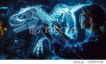 A scientist analyzes the hologram of a dinosaur skeleton. The concept emphasizes the use of advanced technology in paleontology and research. Generative AI. A scientist analyzes the hologram of a dinosaur skeleton. The concept emphasizes the use of advanced technology in paleontology and research. Generative AI. 119054506