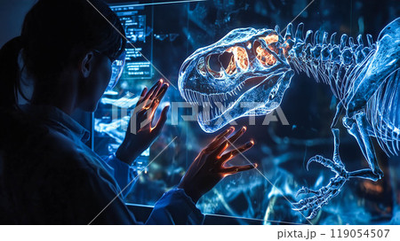 A scientist analyzes the hologram of a dinosaur skeleton. The concept emphasizes the use of advanced technology in paleontology and research. Generative AI. A scientist analyzes the hologram of a dinosaur skeleton. The concept emphasizes the use of advanced technology in paleontology and research. Generative AI. 119054507