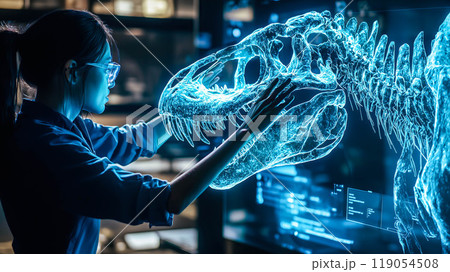 A scientist analyzes the hologram of a dinosaur skeleton. The concept emphasizes the use of advanced technology in paleontology and research. Generative AI. 119054508