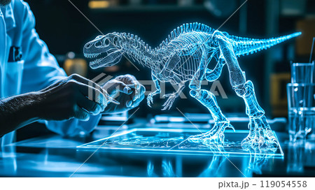 A scientist analyzes the hologram of a dinosaur skeleton. The concept emphasizes the use of advanced technology in paleontology and research. Generative AI. 119054558