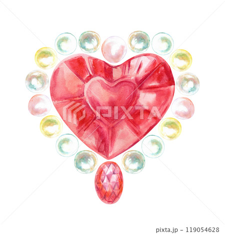 Crystal red heart surrounded with pearls hand-painted in watercolor. Brooch from precious faceted shine stone in the shape of heart. Illustration drawn of mother-of-pearl sea pearls and red gemstone 119054628