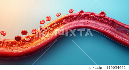 A 3D illustration of a cross-section of an artery showing red blood cells and cholesterol buildup, illustrating cardiovascular function and health. A 3D illustration of a cross-section of an artery showing red blood cells and cholesterol buildup, illustrating cardiovascular function and health. 119054661