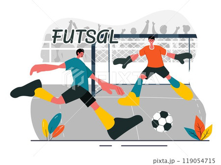 Futsal, Soccer, or Football Vector Illustration Featuring Players Shooting and Dribbling the Ball in a Championship Sports Scene with a Background 119054715