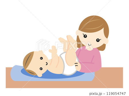 赤ちゃんのオムツを替える若い母親 赤ちゃんのオムツを替える若い母親 119054747