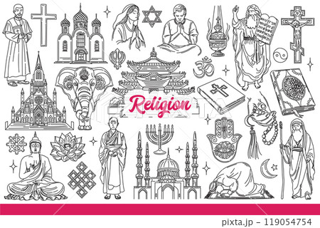 Religious people and objects from different faiths symbolize unity or belief in god. Hand drawn. Religious people and objects from different faiths symbolize unity or belief in god. Hand drawn. 119054754