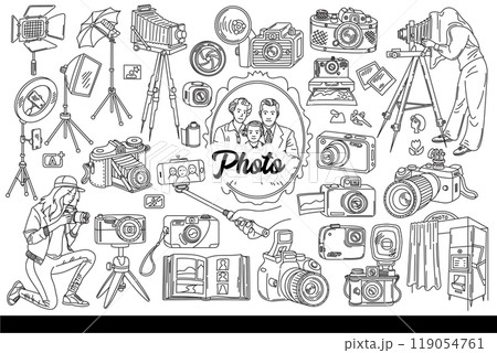 Photo cameras and lighting equipment or photographers from different eras. Hand drawn. 119054761
