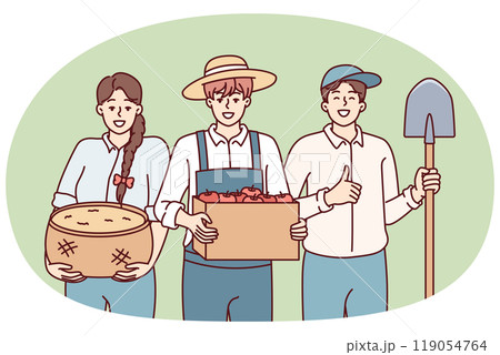 Woman and man dressed as farmers smiling rejoicing at harvest or good sales at agricultural fair Woman and man dressed as farmers smiling rejoicing at harvest or good sales at agricultural fair 119054764