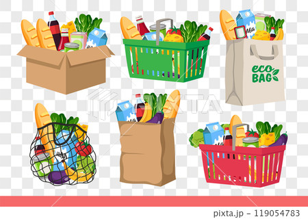 Food and groceries in cardboard boxes or bags and baskets from supermarket or grocery store 119054783