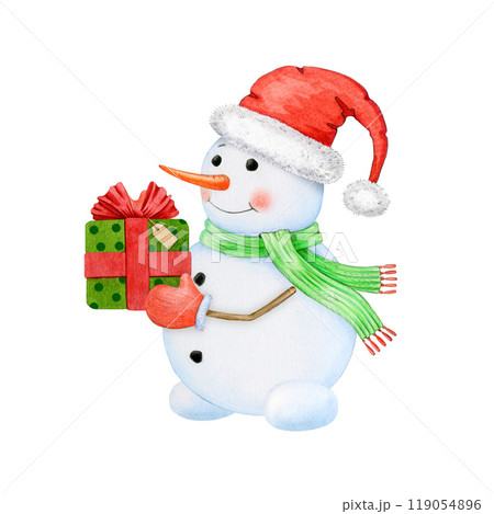 Funny snowman with Christmas gift painted illustration. Hand drawn smiling happy snowman in red hat with gift box. Traditional winter season festive decoration from snow. Isolated on white background 119054896