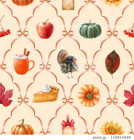 Thanksgiving seamless pattern decor traditional elements in warm colors. Vintage style illustration. Ripe pumpkins, turkey bird, autumn harvest gifts. Elegant Thanksgiving seamless pattern design Thanksgiving seamless pattern decor traditional elements in warm colors. Vintage style illustration. Ripe pumpkins, turkey bird, autumn harvest gifts. Elegant Thanksgiving seamless pattern design 119054899