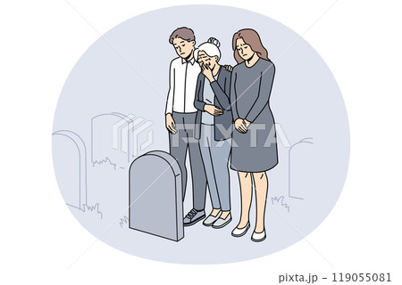 Desperate people cry at grave on cemetery 119055081