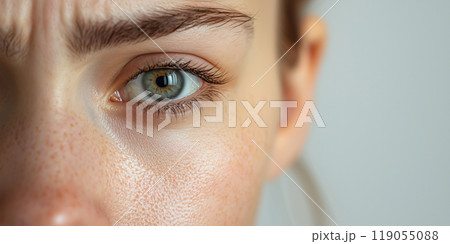 A close-up of a person's eye with visible freckles and a furrowed brow, emphasizing the skin texture and fine details. The image highlights emotion and focus. 119055088