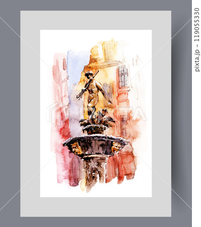 Neptune fountain in city of Gdansk in Poland, with man on column on wall art. Watercolor artwork 119055330