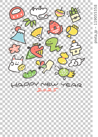 蛇と正月の縁起物の年賀状 2025 手描き 蛇と正月の縁起物の年賀状 2025 手描き 119055358