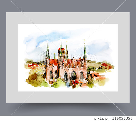 Gothic style building among trees in city of Gdansk in Poland on wall art. Watercolor artwork Gothic style building among trees in city of Gdansk in Poland on wall art. Watercolor artwork 119055359