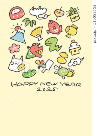 蛇と正月の縁起物の年賀状 2025 手描き 蛇と正月の縁起物の年賀状 2025 手描き 119055553