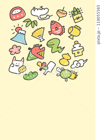 蛇と正月の縁起物 年賀状素材 手描き 蛇年 蛇と正月の縁起物 年賀状素材 手描き 蛇年 119055565
