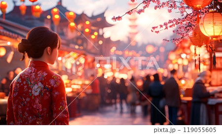 Woman in Traditional Dress Admiring Lanterns at a Lively Night Market 119055605