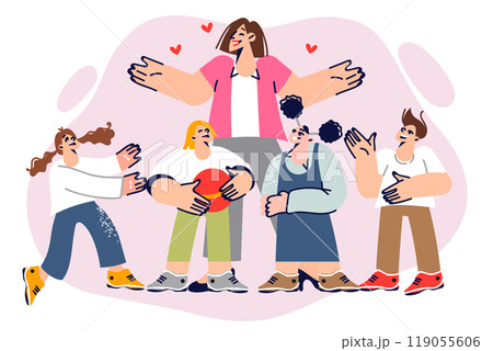 Woman kindergarten teacher plays ball with children, enjoying working with pre-teens 119055606