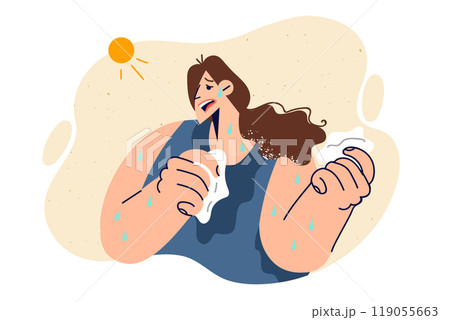 Woman suffers from heat causing exhaustion and sunstroke, breaking out in sweat due to bright sun 119055663