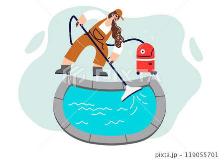 Woman cleans swimming pool using special vacuum cleaner to avoid appearance of bacteria and algae 119055701