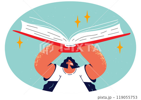 Smiling girl with huge book in hands 119055753