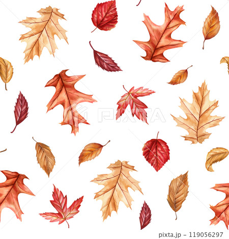Vibrant watercolor autumn leaves seamless pattern. Fall foliage for seasonal designs, hand-painted colorful dry leaves 119056297