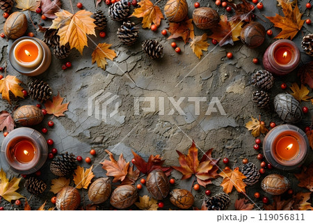 Autumn Leaves and Candles Frame with Pine Cones and Acorns for Seasonal Decoration Generative AI 119056811