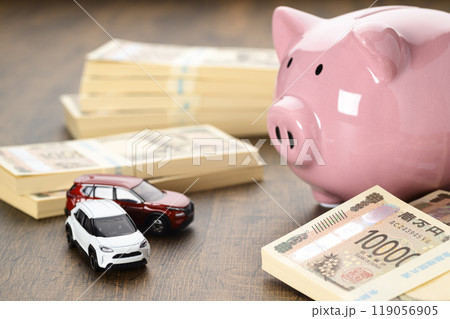 車のミニチュアとブタの貯金箱(新紙幣バージョン) 車のミニチュアとブタの貯金箱(新紙幣バージョン) 119056905