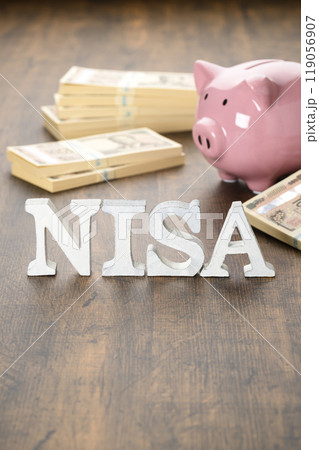 NISAの文字とブタの貯金箱(新紙幣バージョン) NISAの文字とブタの貯金箱(新紙幣バージョン) 119056907