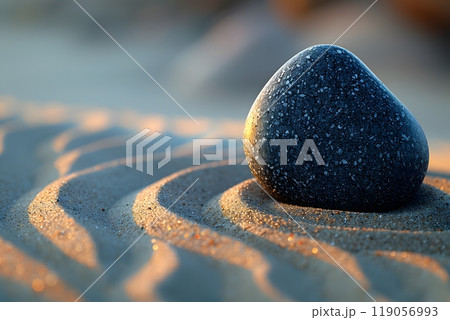 Tranquil Beach Scene with Smooth Stone on Rippled Sand at Sunset Generative AI 119056993