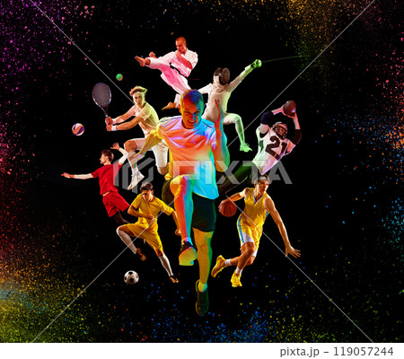 Glowing action collage with athletes captured mid-motion in neon light against dark background, emphasizing movement and power. Glowing action collage with athletes captured mid-motion in neon light against dark background, emphasizing movement and power. 119057244