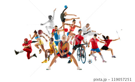 Powerful compilation of athletes from different disciplines, showcasing diverse sports skills and team spirit against white backdrop. 119057251