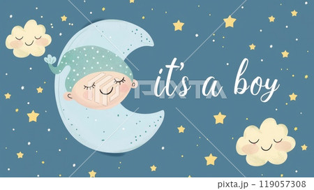 its a boy baby birth greetign card with moon and stars illustration 119057308