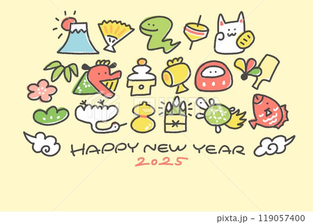 蛇と正月の縁起物の年賀状　2025 手描き 119057400