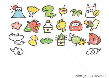 蛇と正月の縁起物　年賀状素材　手描き　蛇年　線画 119057496