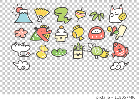 蛇と正月の縁起物　年賀状素材　手描き　蛇年　線画 119057496