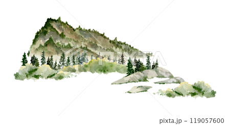 Scenery landscape coniferous forest fir spruce trees, mountains fields hills pasture land alpine vista, hand drawn in watercolor. Illustration for tourism, resort ads, hiking camping sites, vacation. Scenery landscape coniferous forest fir spruce trees, mountains fields hills pasture land alpine vista, hand drawn in watercolor. Illustration for tourism, resort ads, hiking camping sites, vacation. 119057600