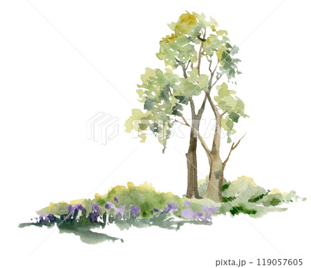 Scenery landscape of lush green foliage tree, northern forest meadow hills, bushes, purple flowers, watercolor hand drawn. Illustration for tourism maps, resort ads, hiking camping sites, vacation. 119057605