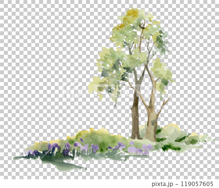 Scenery landscape of lush green foliage tree, northern forest meadow hills, bushes, purple flowers, watercolor hand drawn. Illustration for tourism maps, resort ads, hiking camping sites, vacation. Scenery landscape of lush green foliage tree, northern forest meadow hills, bushes, purple flowers, watercolor hand drawn. Illustration for tourism maps, resort ads, hiking camping sites, vacation. 119057605