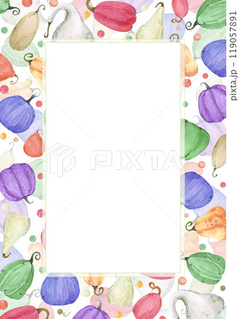 Hand drawn watercolor colorful pumpkins and dots frame border isolated on white background. Can be used for post card, book cover, scrapbook and other printed products. 119057891