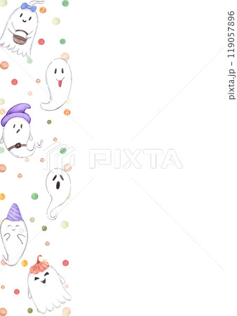 Hand drawn watercolor Halloween ghosts and dots frame border isolated on white background. Can be used for postcard, label, scrapbook and other printed products. Hand drawn watercolor Halloween ghosts and dots frame border isolated on white background. Can be used for postcard, label, scrapbook and other printed products. 119057896