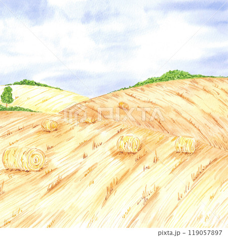 Hand drawn watercolor landscape with dry fields and blue sky isolated on white background. Can be used for postcard, label, scrapbook and other printed products. Hand drawn watercolor landscape with dry fields and blue sky isolated on white background. Can be used for postcard, label, scrapbook and other printed products. 119057897