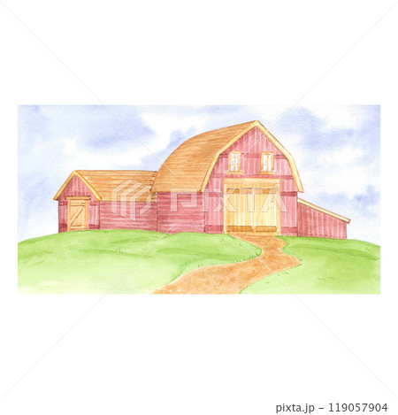 Hand drawn watercolor ranch barn landscape isolated on white background. Can be used for postcard, label, scrapbook and other printed products. Hand drawn watercolor ranch barn landscape isolated on white background. Can be used for postcard, label, scrapbook and other printed products. 119057904