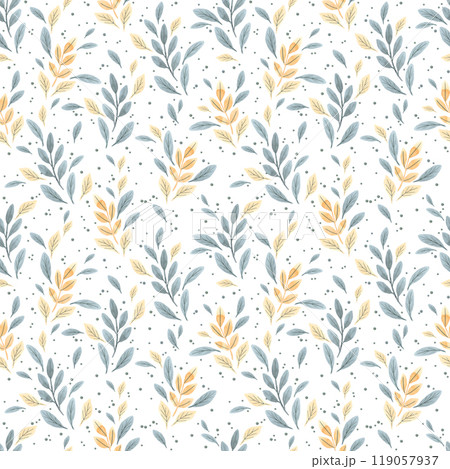 Hand drawn watercolor yellow and blue leaves seamless pattern isolated on white background. Can be used for textile, fabric, scrapbook and other printed products. 119057937