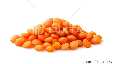Pile of red lentils close-up on a white background. Isolated Pile of red lentils close-up on a white background. Isolated 119058275