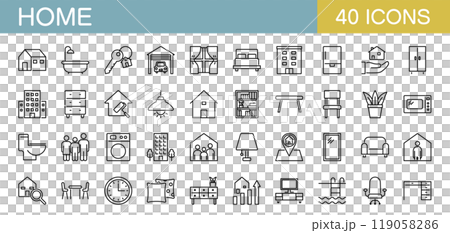 與房屋、家具和家用電器相關的圖示集 119058286